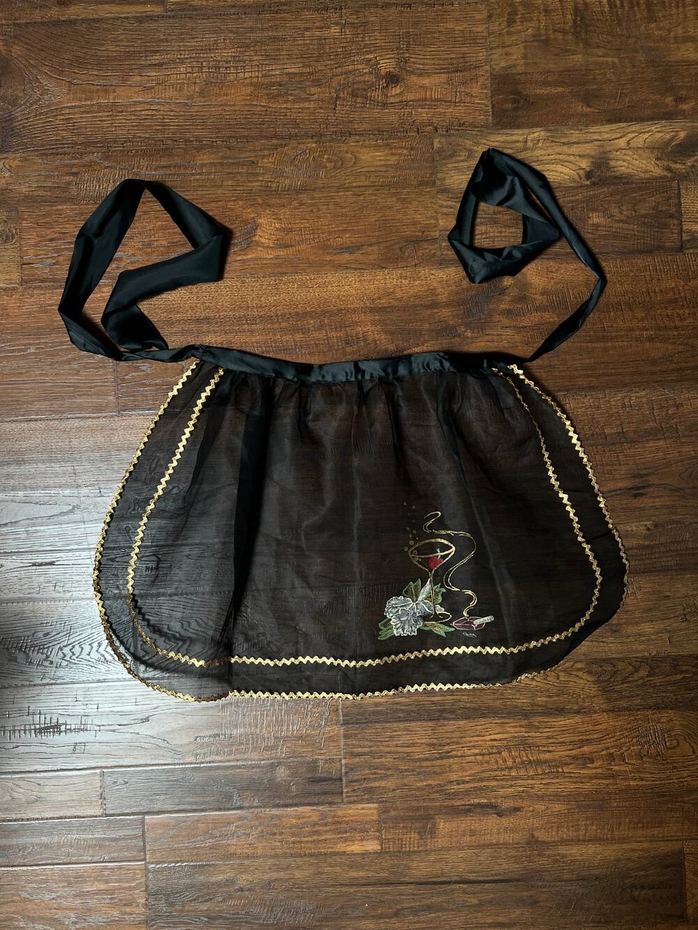 VTG Mid Century Sheer Black Half Apron Hand Painted Martini Cigarette Gold Trim